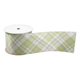 PASTEL GREEN TAN WHITE PLAID PATTERNS SATIN RIBBON