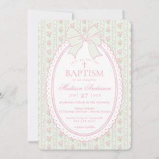 Pastel Green Vintage Fancy Floral Baptism Invitation