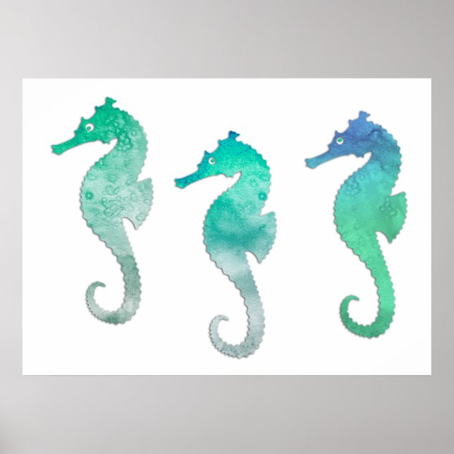 Pastel Green Watercolor Seahorses Poster (Front)