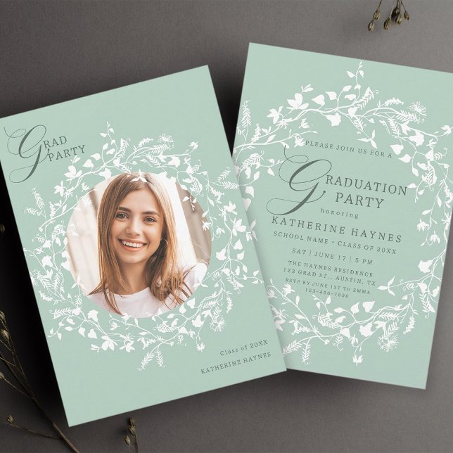 Pastel Green White Wildflower Wreath Graduation Invitation (Front & Back)