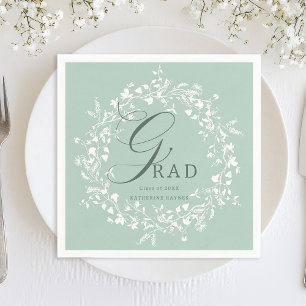 Pastel Green White Wildflower Wreath Graduation  Napkin