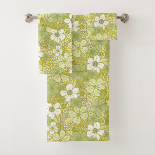Pastel Green & Yellow Flower Pattern Bath Towel Set