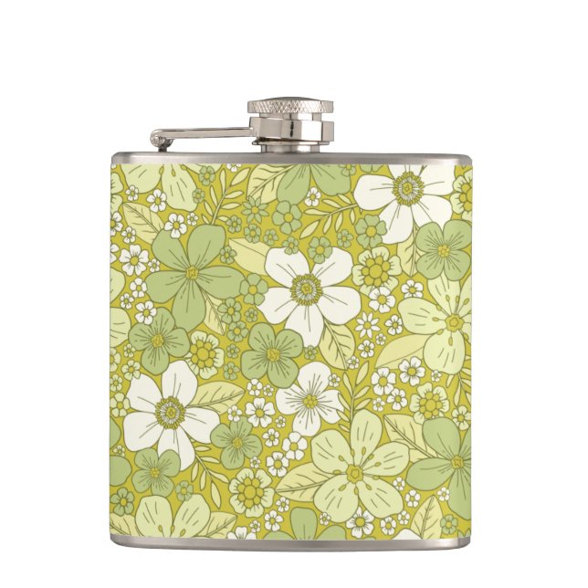 Pastel Green & Yellow Flower Pattern Hip Flask (Front)