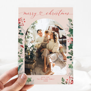Pastel Greenery Red Pink Arch Photo Christmas Card