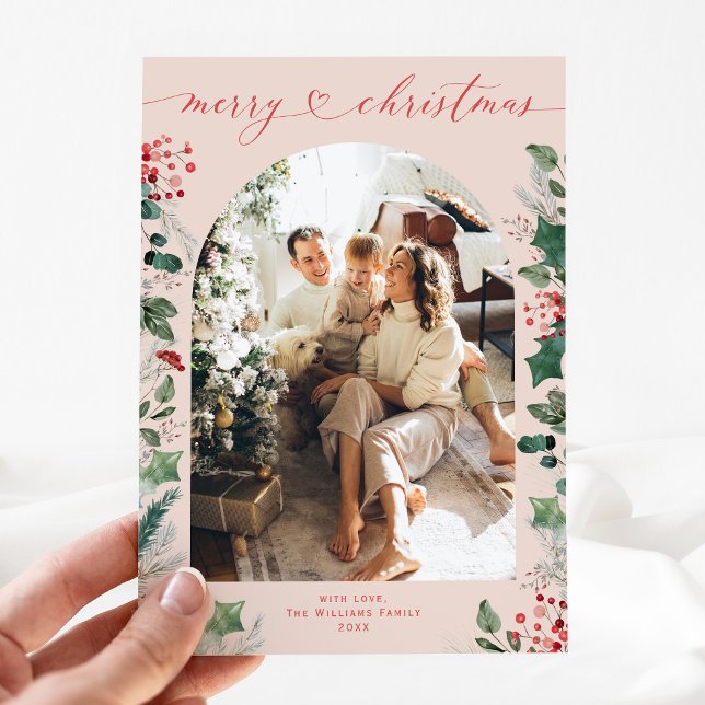 Pastel Greenery Red Pink Arch Photo Christmas Card (Creator Uploaded)