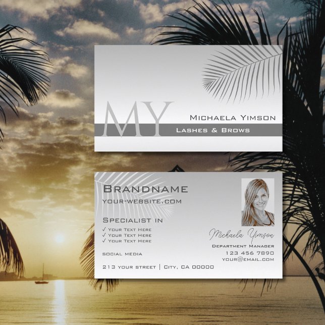 Pastel Grey Gradient Palm Leaf Monogram and Photo Business Card (Creator Uploaded)