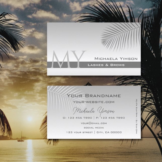 Pastel Grey Gradient Palm Leaf Monogram Simply Business Card (Creator Uploaded)