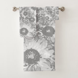 Pastel Grey Grey Floral Pattern Bath Towel Set