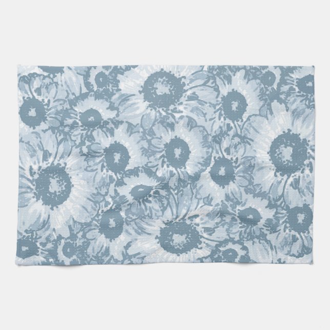 Pastel Grey Navy Floral Pattern Tea Towel (Horizontal)