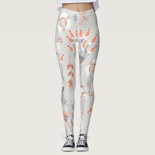 Pastel Grey Orange Floral: Vintage Elegance Leggings