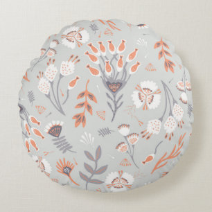 Pastel Grey Orange Floral: Vintage Elegance Round Cushion