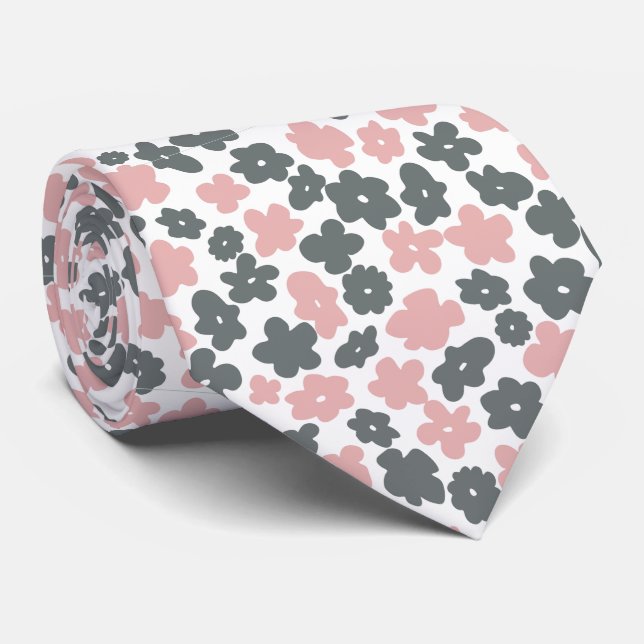 Pastel Grey Pink Floral Neck Tie (Rolled)