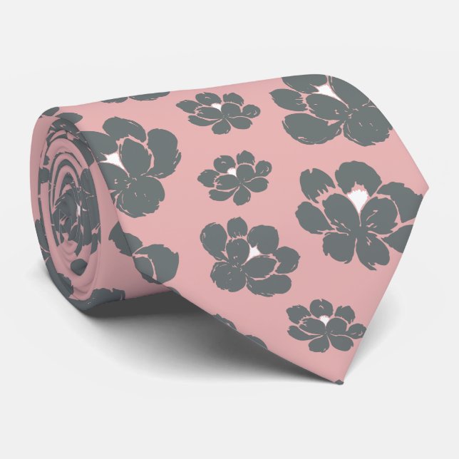 Pastel Grey Pink Floral Neck Tie (Rolled)