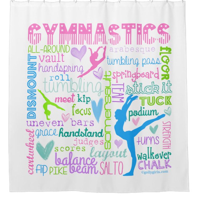 Pastel Gymnastics Words Typography Shower Curtain (Front)