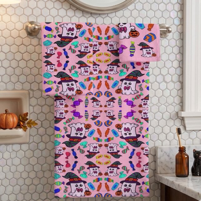 Pastel Halloween Candy & Cute Witch Ghosts Pattern Bath Towel Set (Creator Uploaded)