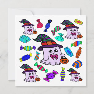 Pastel Halloween Candy & Cute Witch Ghosts Pattern Card