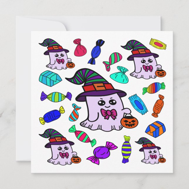 Pastel Halloween Candy & Cute Witch Ghosts Pattern Card (Front)