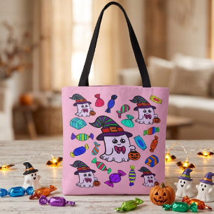 Pastel Halloween Candy & Cute Witch Ghosts Pattern Tote Bag