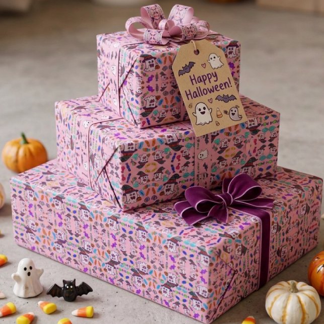 Pastel Halloween Candy & Cute Witch Ghosts Pattern Wrapping Paper (Creator Uploaded)