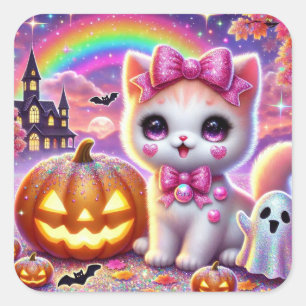 Pastel Halloween Cat, Glitter Pumpkin & Ghost Square Sticker