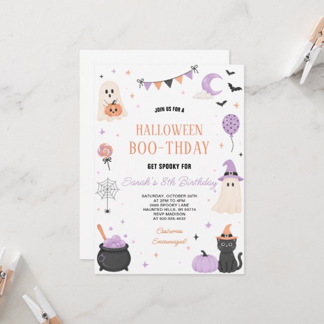 Pastel Halloween Ghost Party Birthday Invitation (Front/Back In Situ)