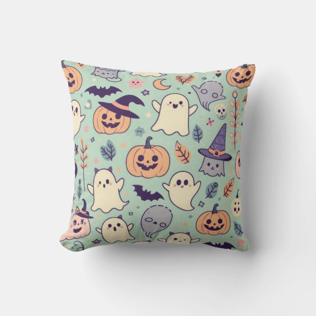 Pastel Halloween Pattern Ghost Pumpkin Bats Witch Cushion (Front)