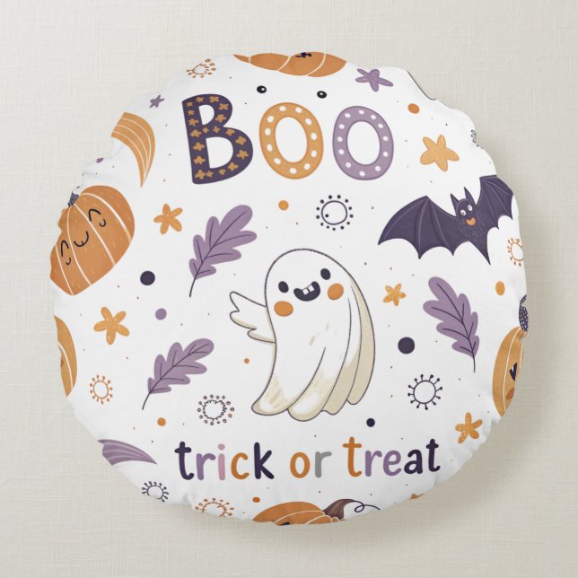 Pastel Halloween Round Pillow – Boo & Ghosts (Front)