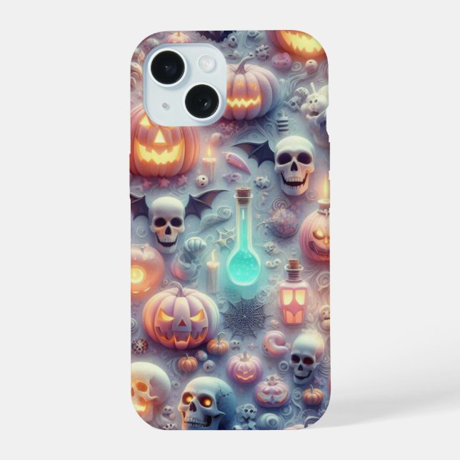 Pastel Halloween Skulls, Bats, Ghosts, and Pumpkin iPhone 15 Case (Back)