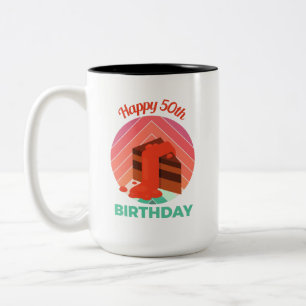Pastel Happy 50th Birthday Party Cake Piece Two-Tone Coffee Mug