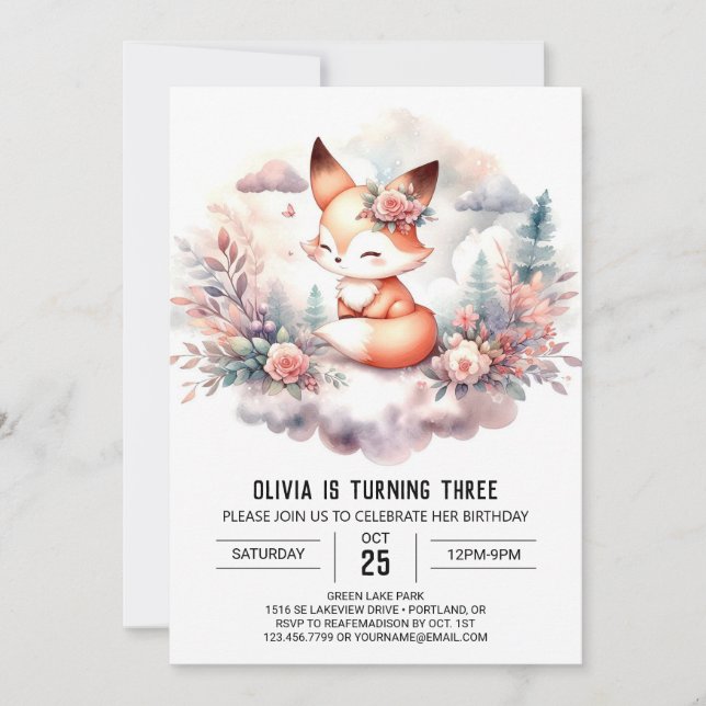 Pastel Happy Fox Birthday digital Invitation (Front)
