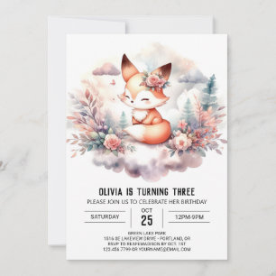 Pastel Happy Fox Birthday digital Invitation