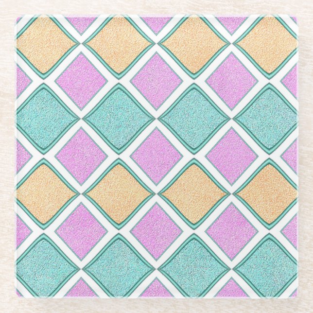  Pastel Harlequin Prism Diamond Pattern Glass Coaster (Front)