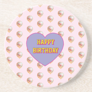 Pastel Heart Balloon Happy Birthday Design Coaster