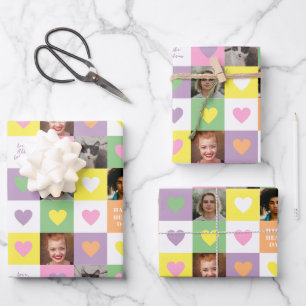 Pastel Heart Checkerboard with Photos Valentine Wrapping Paper Sheet