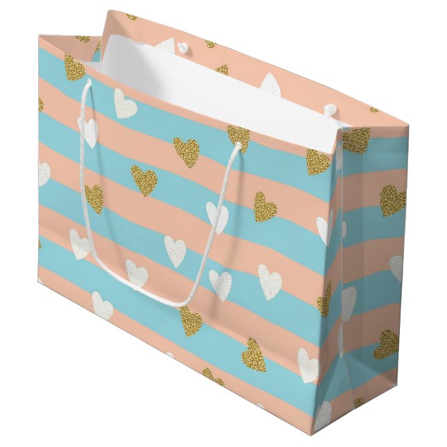 Pastel Heart Stripes Glitter Style Pattern (14) Large Gift Bag (Front Angled)