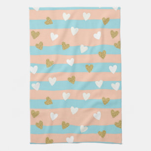 Pastel Heart Stripes Glitter Style Pattern (14) Tea Towel