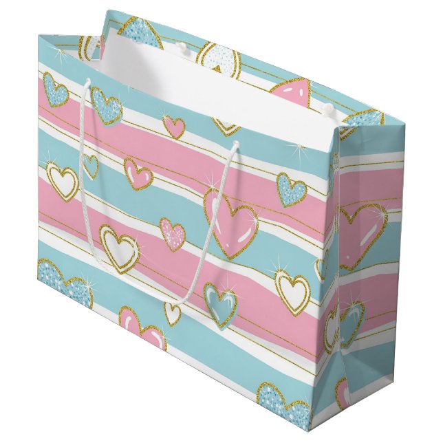 Pastel Heart Stripes Glitter Style Pattern (6) Large Gift Bag (Front Angled)