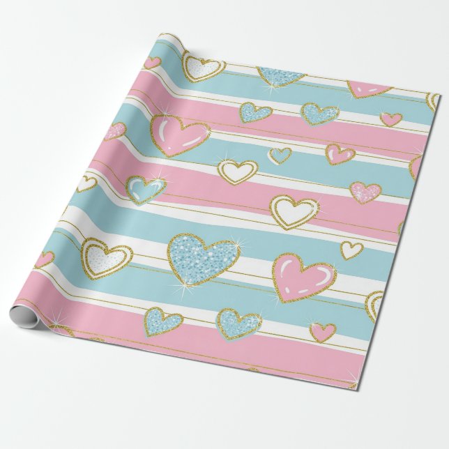 Pastel Heart Stripes Glitter Style Pattern (6) Wrapping Paper (Unrolled)