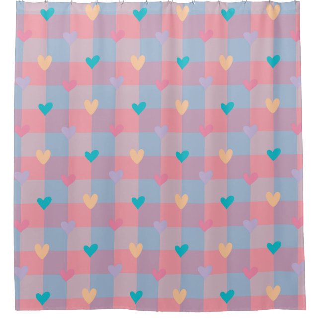 Pastel Hearts Chequerboard Pattern – Cute Seamless Shower Curtain (Front)