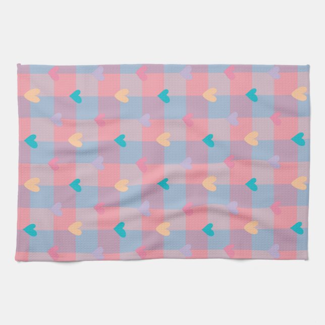 Pastel Hearts Chequerboard Pattern – Cute Seamless Tea Towel (Horizontal)