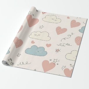 Pastel Hearts & Clouds Watercolor Dream (10) Wrapping Paper