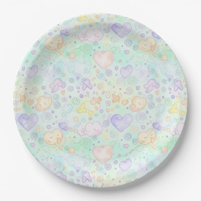 Pastel Hearts & Clouds Watercolor Dream (2) Paper Plate (Front)