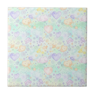 Pastel Hearts & Clouds Watercolor Dream (2) Tile