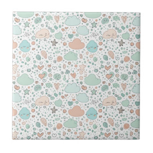 Pastel Hearts & Clouds Watercolor Dream (3) Tile