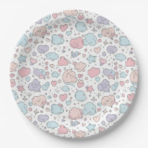 Pastel Hearts & Clouds Watercolor Dream (5) Paper Plate
