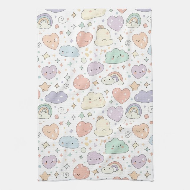 Pastel Hearts & Clouds Watercolor Dream (6) Tea Towel (Vertical)