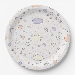 Pastel Hearts & Clouds Watercolor Dream (7) Paper Plate