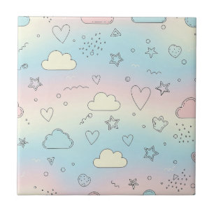 Pastel Hearts & Clouds Watercolor Dream (8) Tile