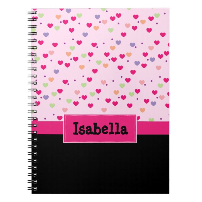 Pastel Hearts on Pink Personalised Spiral Notebook (Front)