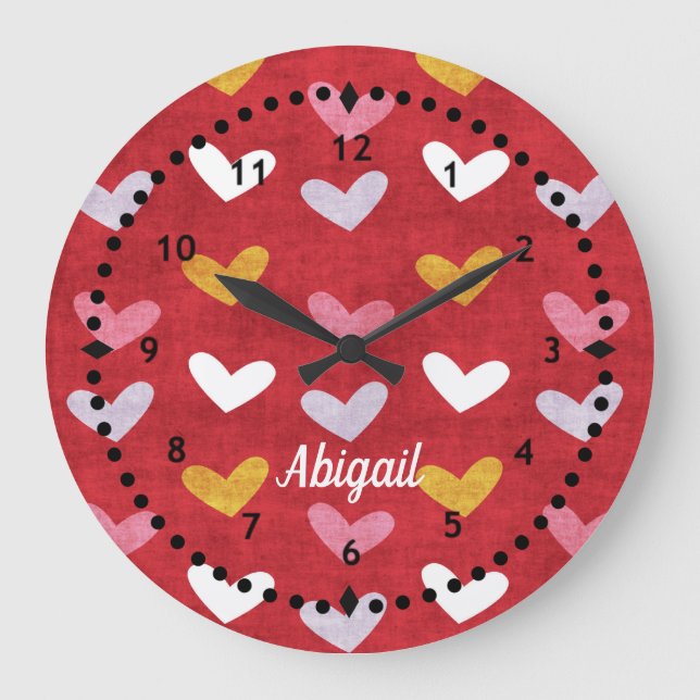Pastel Hearts on Red Wall Clock (Front)